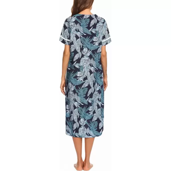 imageEkouaer Womens Snap Front Dusters Cotton Housecoat Short Sleeve Nightgown House Dress With PocketsSteel Blue Leaf