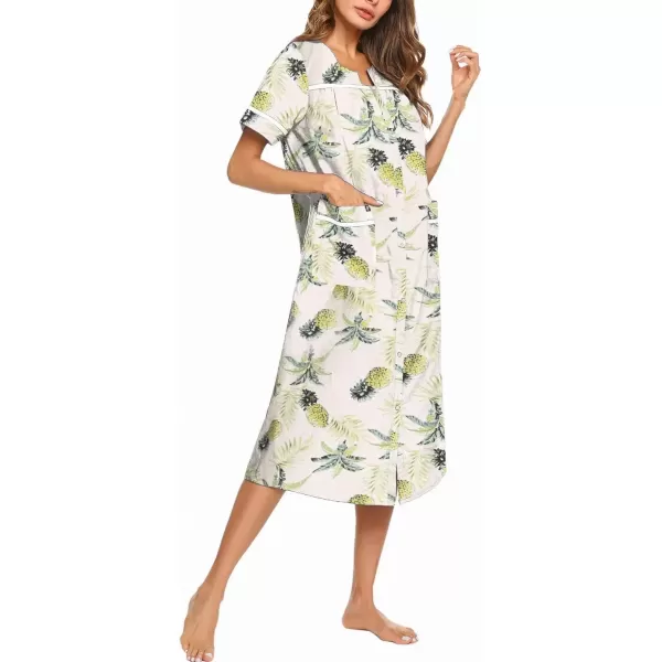 imageEkouaer Womens Snap Front Dusters Cotton Housecoat Short Sleeve Nightgown House Dress With PocketsWhite Pineapple