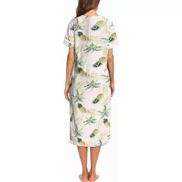 imageEkouaer Womens Snap Front Dusters Cotton Housecoat Short Sleeve Nightgown House Dress With PocketsWhite Pineapple