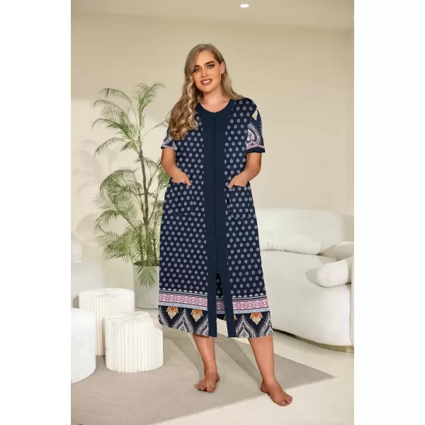 imageEkouaer Womens Zipper Front Long HousedressNavy Blue Ethnic Style