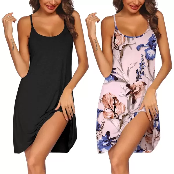 imageEkouaer 2 Pack Nightgown for Womens Nightshirt Sleepwear Sleep Tank Chemise Racerback Sleeveless Dress2 Packblack  Pink Floral Print