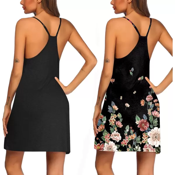 imageEkouaer 2 Pack Nightgown for Womens Nightshirt Sleepwear Sleep Tank Chemise Racerback Sleeveless Dress2 Packblackblack Floral