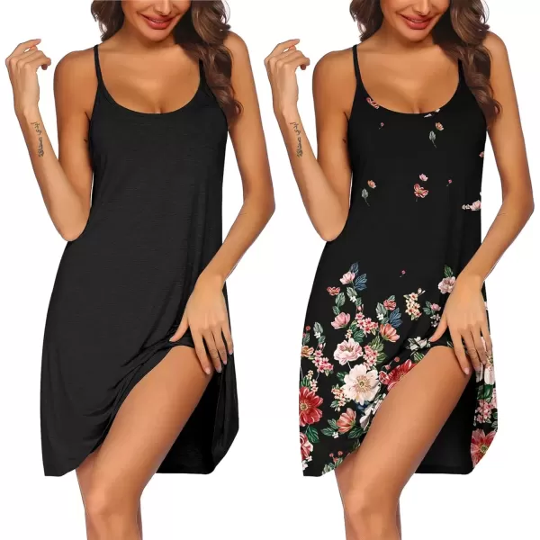 imageEkouaer 2 Pack Nightgown for Womens Nightshirt Sleepwear Sleep Tank Chemise Racerback Sleeveless Dress2 Packblackblack Floral