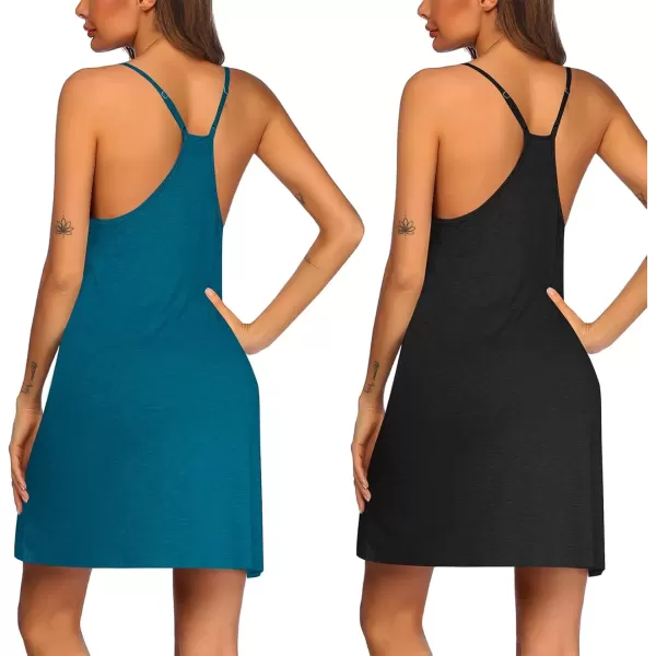 imageEkouaer 2 Pack Nightgown for Womens Nightshirt Sleepwear Sleep Tank Chemise Racerback Sleeveless Dress2 Packblackblue Green