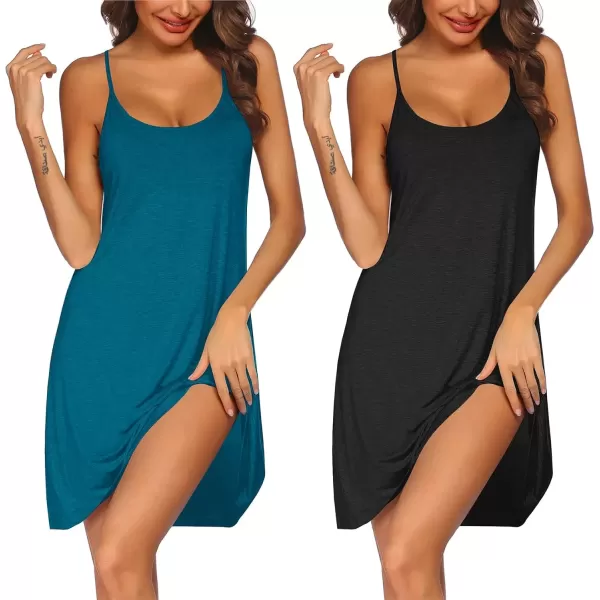 imageEkouaer 2 Pack Nightgown for Womens Nightshirt Sleepwear Sleep Tank Chemise Racerback Sleeveless Dress2 Packblackblue Green