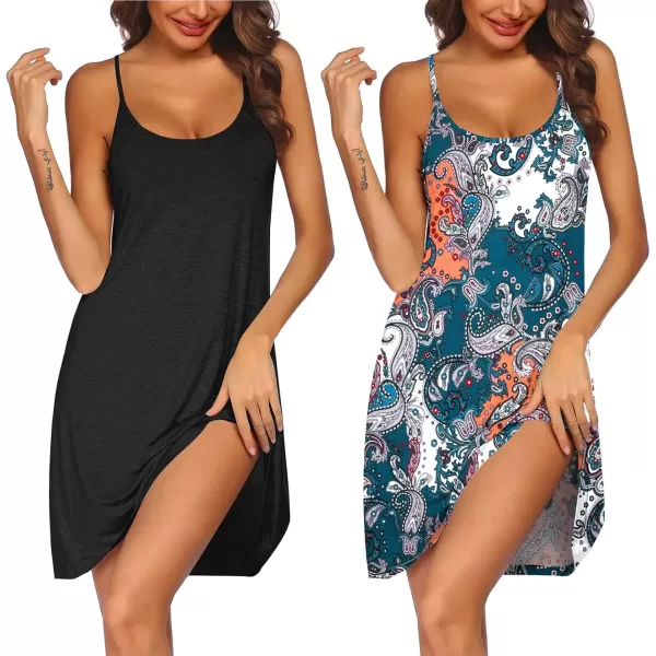 imageEkouaer 2 Pack Nightgown for Womens Nightshirt Sleepwear Sleep Tank Chemise Racerback Sleeveless Dress2 Packblackgreen Ethnic