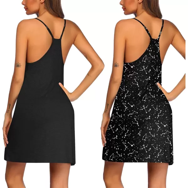 imageEkouaer 2 Pack Nightgown for Womens Nightshirt Sleepwear Sleep Tank Chemise Racerback Sleeveless Dress2 Packblackstar Print