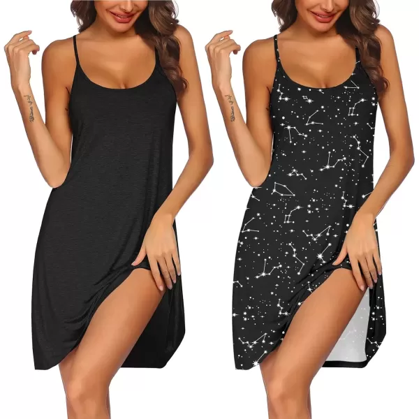 imageEkouaer 2 Pack Nightgown for Womens Nightshirt Sleepwear Sleep Tank Chemise Racerback Sleeveless Dress2 Packblackstar Print