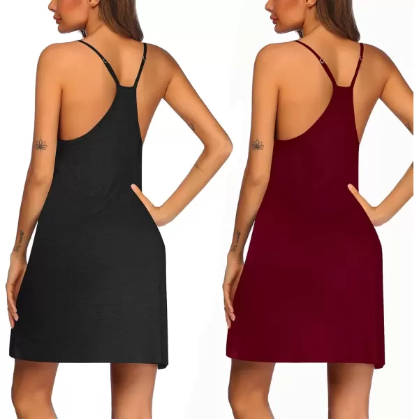 imageEkouaer 2 Pack Nightgown for Womens Nightshirt Sleepwear Sleep Tank Chemise Racerback Sleeveless Dress2 Packblackwine Red