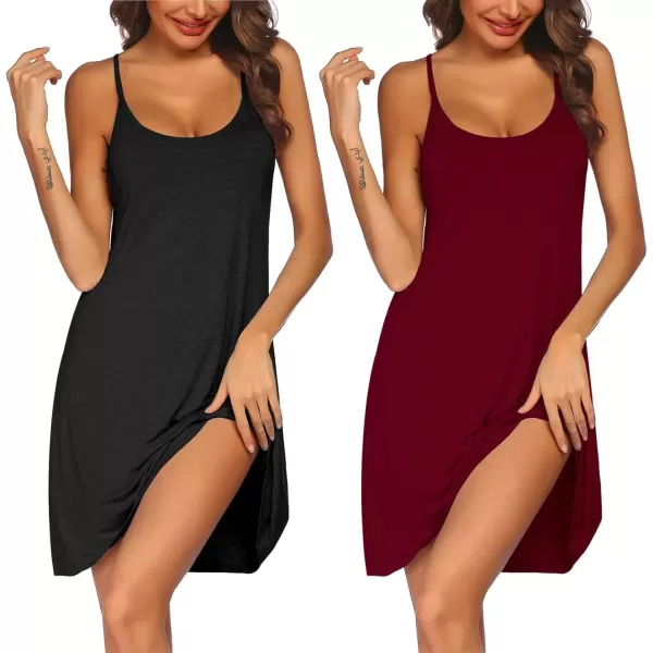 imageEkouaer 2 Pack Nightgown for Womens Nightshirt Sleepwear Sleep Tank Chemise Racerback Sleeveless Dress2 Packblackwine Red