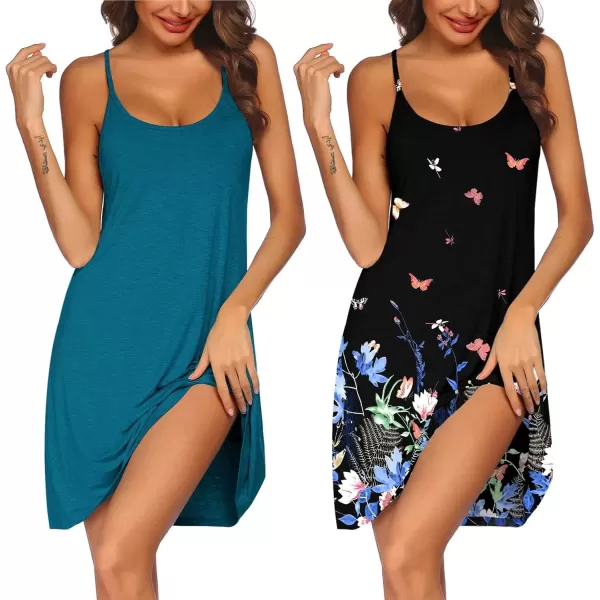 imageEkouaer 2 Pack Nightgown for Womens Nightshirt Sleepwear Sleep Tank Chemise Racerback Sleeveless Dress2 Packblue Green  Butterfly Print