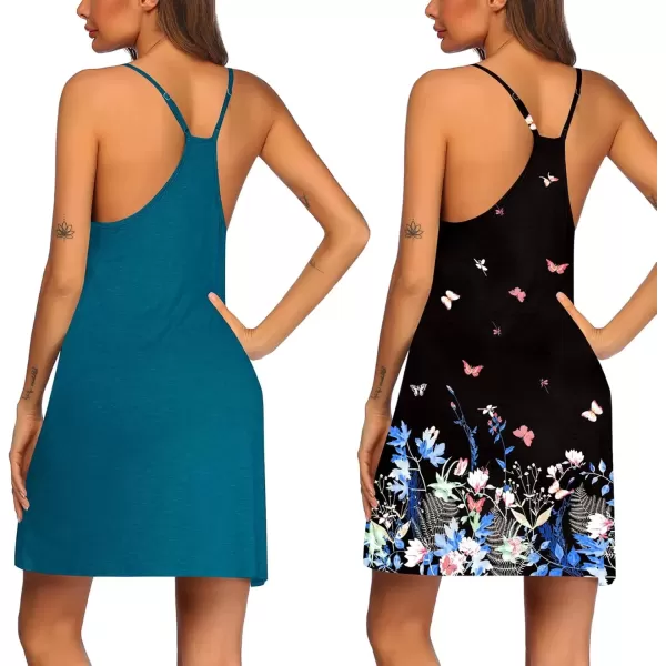 imageEkouaer 2 Pack Nightgown for Womens Nightshirt Sleepwear Sleep Tank Chemise Racerback Sleeveless Dress2 Packblue Green  Butterfly Print