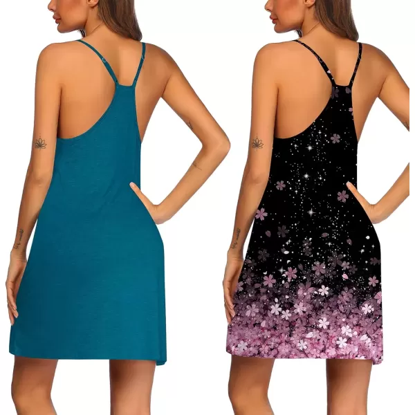 imageEkouaer 2 Pack Nightgown for Womens Nightshirt Sleepwear Sleep Tank Chemise Racerback Sleeveless Dress2 Packblue Greenpink Floral