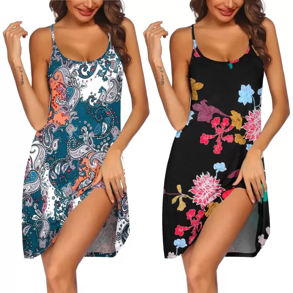 imageEkouaer 2 Pack Nightgown for Womens Nightshirt Sleepwear Sleep Tank Chemise Racerback Sleeveless Dress2 Packgreen Ethnicblack Flower