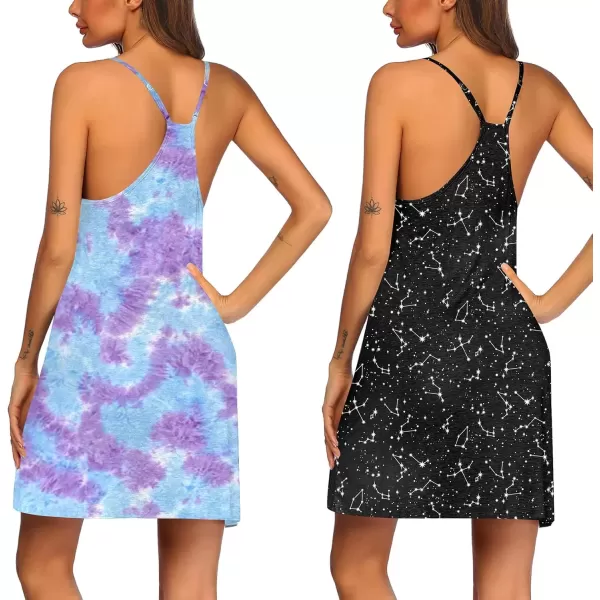 imageEkouaer 2 Pack Nightgown for Womens Nightshirt Sleepwear Sleep Tank Chemise Racerback Sleeveless Dress2 Packpuple Tie Dyestar Print