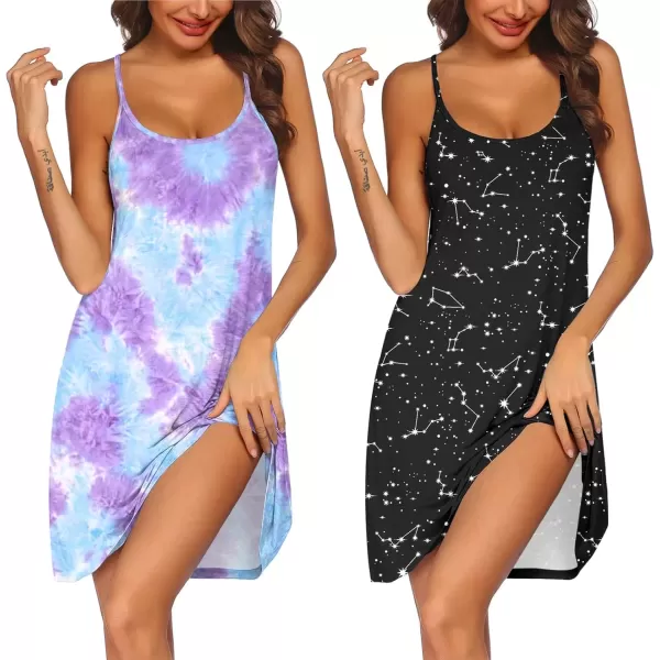 imageEkouaer 2 Pack Nightgown for Womens Nightshirt Sleepwear Sleep Tank Chemise Racerback Sleeveless Dress2 Packpuple Tie Dyestar Print