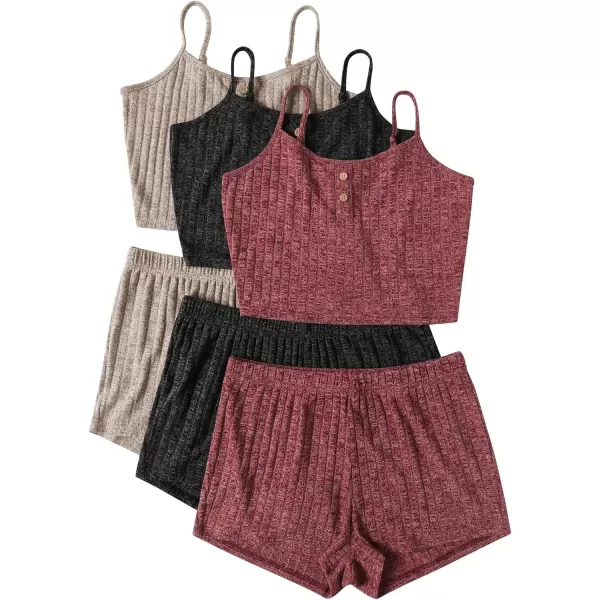 imageEkouaer 3 Sets for Women Ribbed Pajamas Crop Cami Top and Shorts Pjs Casual Sleeveless Button Lounge Set SleepwearBlackApricotWine