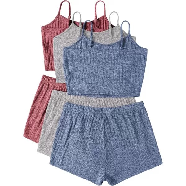 imageEkouaer 3 Sets for Women Ribbed Pajamas Crop Cami Top and Shorts Pjs Casual Sleeveless Button Lounge Set SleepwearBlueRedLight Grey