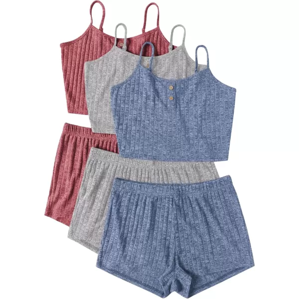 imageEkouaer 3 Sets for Women Ribbed Pajamas Crop Cami Top and Shorts Pjs Casual Sleeveless Button Lounge Set SleepwearBlueRedLight Grey