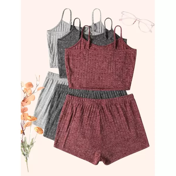 imageEkouaer 3 Sets for Women Ribbed Pajamas Crop Cami Top and Shorts Pjs Casual Sleeveless Button Lounge Set SleepwearDark GreyWineGrey