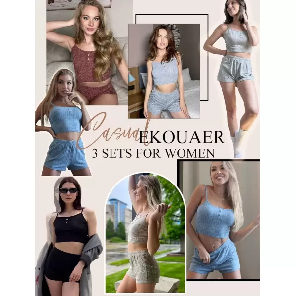 imageEkouaer 3 Sets for Women Ribbed Pajamas Crop Cami Top and Shorts Pjs Casual Sleeveless Button Lounge Set SleepwearKhakiBlackPlain Blue