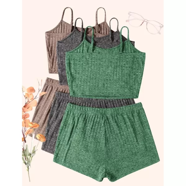 imageEkouaer 3 Sets for Women Ribbed Pajamas Crop Cami Top and Shorts Pjs Casual Sleeveless Button Lounge Set SleepwearKhakiDark GreyGreen