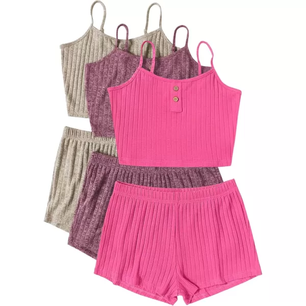 imageEkouaer 3 Sets for Women Ribbed Pajamas Crop Cami Top and Shorts Pjs Casual Sleeveless Button Lounge Set SleepwearPurpleApricotPink