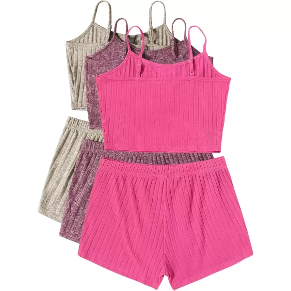 imageEkouaer 3 Sets for Women Ribbed Pajamas Crop Cami Top and Shorts Pjs Casual Sleeveless Button Lounge Set SleepwearPurpleApricotPink