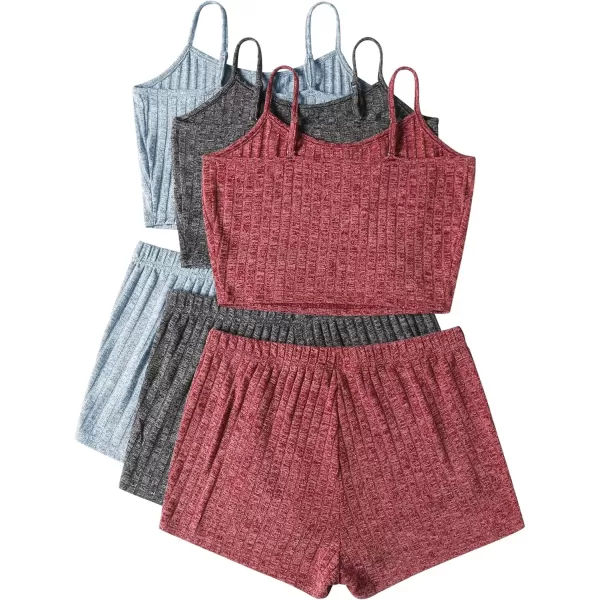 imageEkouaer 3 Sets for Women Ribbed Pajamas Crop Cami Top and Shorts Pjs Casual Sleeveless Button Lounge Set SleepwearRedDeep GreyLight Blue