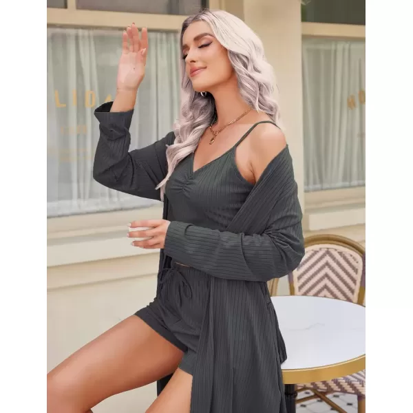 imageEkouaer Rib Knit Pajamas Set for Women 3 Piece Lounge Sets Soft Cami and Shorts Pjs with Cardigan Loungewear SXXLDark Grey