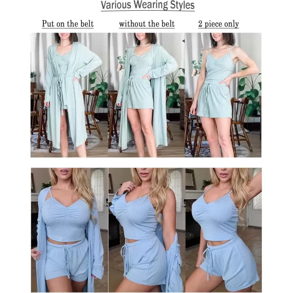 imageEkouaer Rib Knit Pajamas Set for Women 3 Piece Lounge Sets Soft Cami and Shorts Pjs with Cardigan Loungewear SXXLDark Grey
