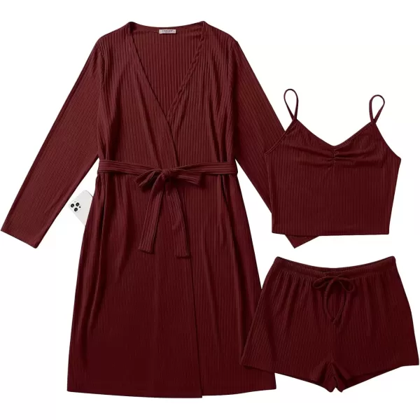 imageEkouaer Rib Knit Pajamas Set for Women 3 Piece Lounge Sets Soft Cami and Shorts Pjs with Cardigan Loungewear SXXLDark Red