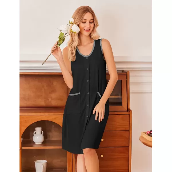 imageEkouaer Tank Nightgown for Women Sleeveless Nightshirt Button Up Sleepshirt Soft Sleepwear Nightdress with PocketsBlack