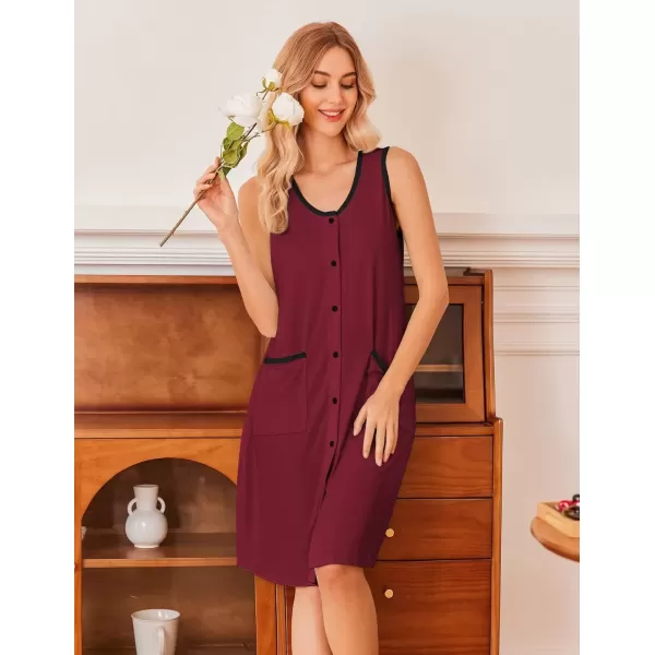 imageEkouaer Tank Nightgown for Women Sleeveless Nightshirt Button Up Sleepshirt Soft Sleepwear Nightdress with PocketsBurgundy