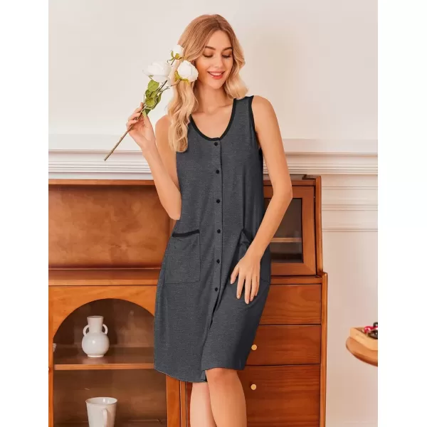 imageEkouaer Tank Nightgown for Women Sleeveless Nightshirt Button Up Sleepshirt Soft Sleepwear Nightdress with PocketsDark Gray