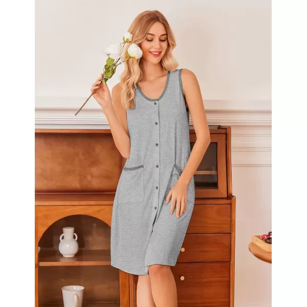 imageEkouaer Tank Nightgown for Women Sleeveless Nightshirt Button Up Sleepshirt Soft Sleepwear Nightdress with PocketsLight Gray