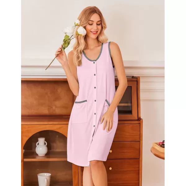 imageEkouaer Tank Nightgown for Women Sleeveless Nightshirt Button Up Sleepshirt Soft Sleepwear Nightdress with PocketsLight Pink