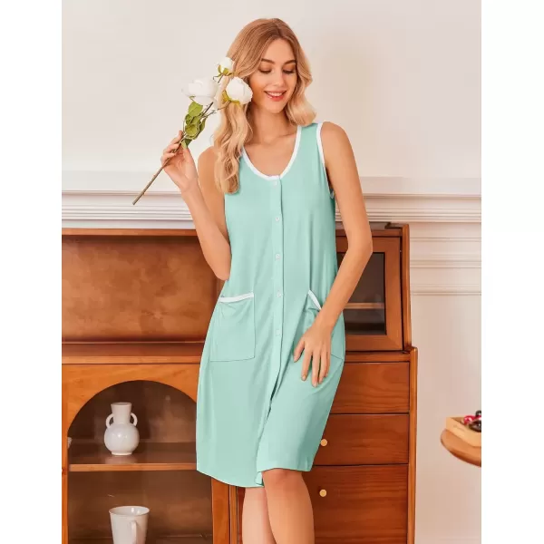 imageEkouaer Tank Nightgown for Women Sleeveless Nightshirt Button Up Sleepshirt Soft Sleepwear Nightdress with PocketsMint Green