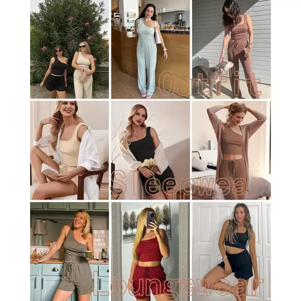 imageEkouaer Womens 4 Piece Lounge Sets Ribbed Knit Crop Tank Top and Shorts Pants Casual OutfitsBrown
