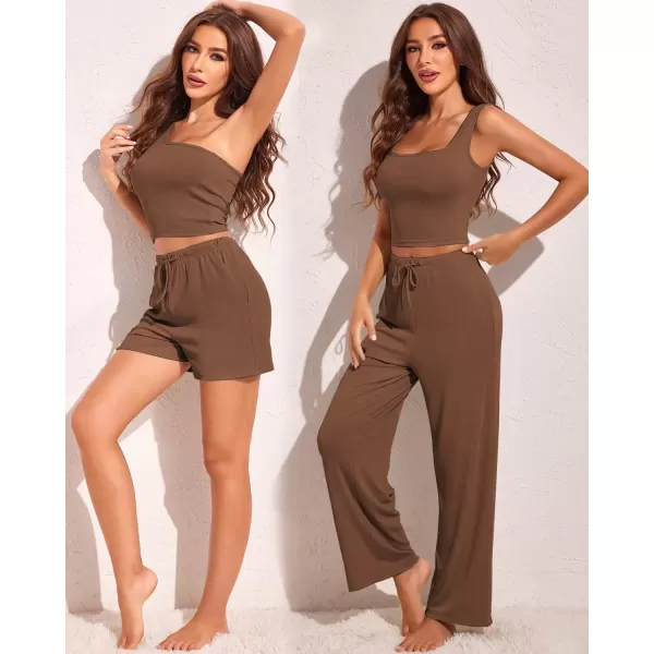 imageEkouaer Womens 4 Piece Lounge Sets Ribbed Knit Crop Tank Top and Shorts Pants Casual OutfitsBrown