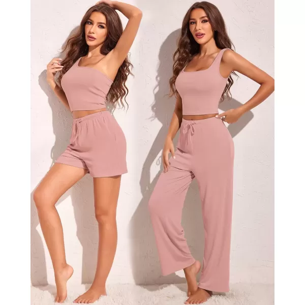 imageEkouaer Womens 4 Piece Lounge Sets Ribbed Knit Crop Tank Top and Shorts Pants Casual OutfitsLight Pink