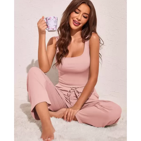 imageEkouaer Womens 4 Piece Lounge Sets Ribbed Knit Crop Tank Top and Shorts Pants Casual OutfitsLight Pink
