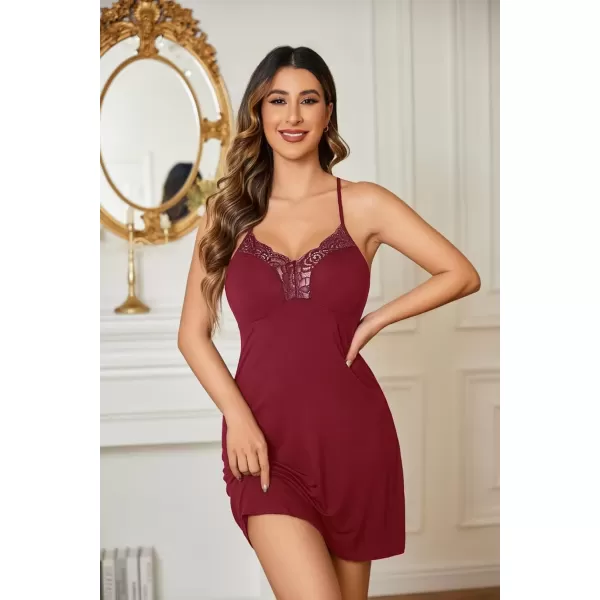 imageEkouaer Womens Nightgown V Neck Sleeveless Sleepwear Lace Sleep DressWine Red