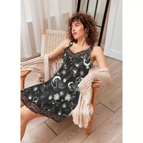 imageEkouaer Womens Nightgown Vneck Chemise Sleepwear Lace Nightwear Soft Lingerie for WomenBlack Moon Print