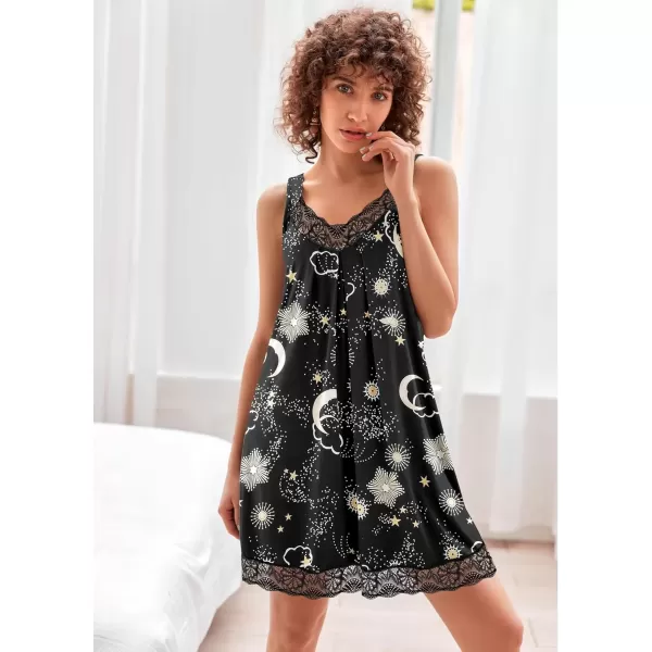 imageEkouaer Womens Nightgown Vneck Chemise Sleepwear Lace Nightwear Soft Lingerie for WomenBlack Moon Print