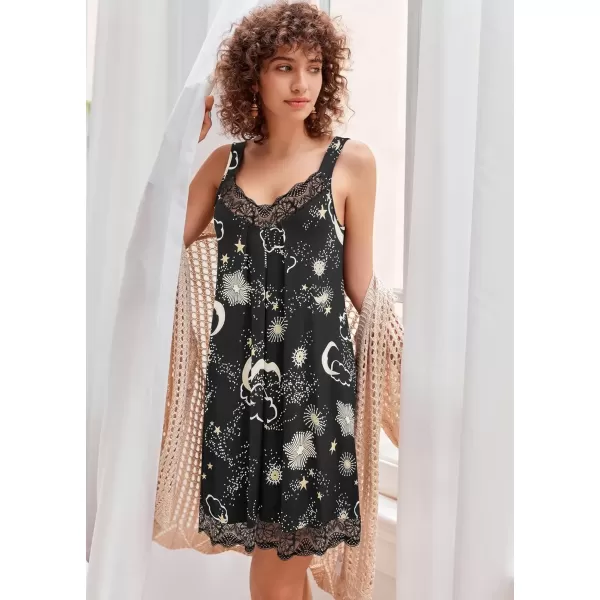 imageEkouaer Womens Nightgown Vneck Chemise Sleepwear Lace Nightwear Soft Lingerie for WomenBlack Moon Print