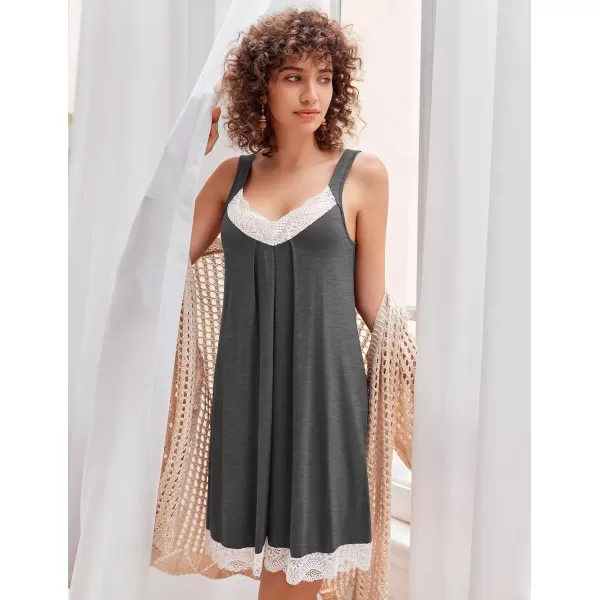 imageEkouaer Womens Nightgown Vneck Chemise Sleepwear Lace Nightwear Soft Lingerie for WomenDark Grey