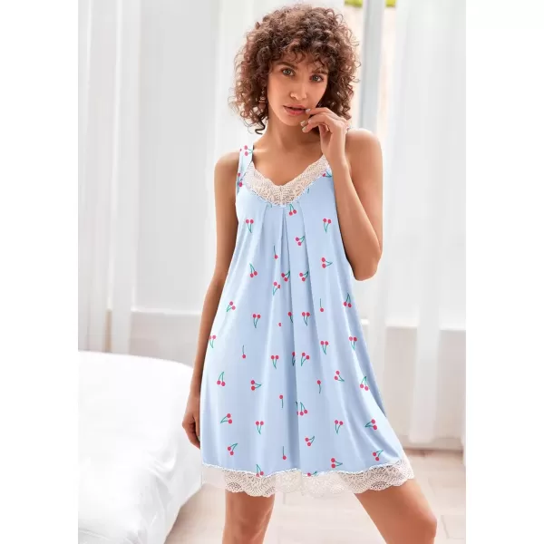 imageEkouaer Womens Nightgown Vneck Chemise Sleepwear Lace Nightwear Soft Lingerie for WomenLight Blue Cherry Print