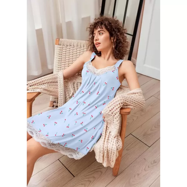 imageEkouaer Womens Nightgown Vneck Chemise Sleepwear Lace Nightwear Soft Lingerie for WomenLight Blue Cherry Print