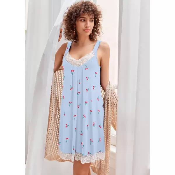 imageEkouaer Womens Nightgown Vneck Chemise Sleepwear Lace Nightwear Soft Lingerie for WomenLight Blue Cherry Print